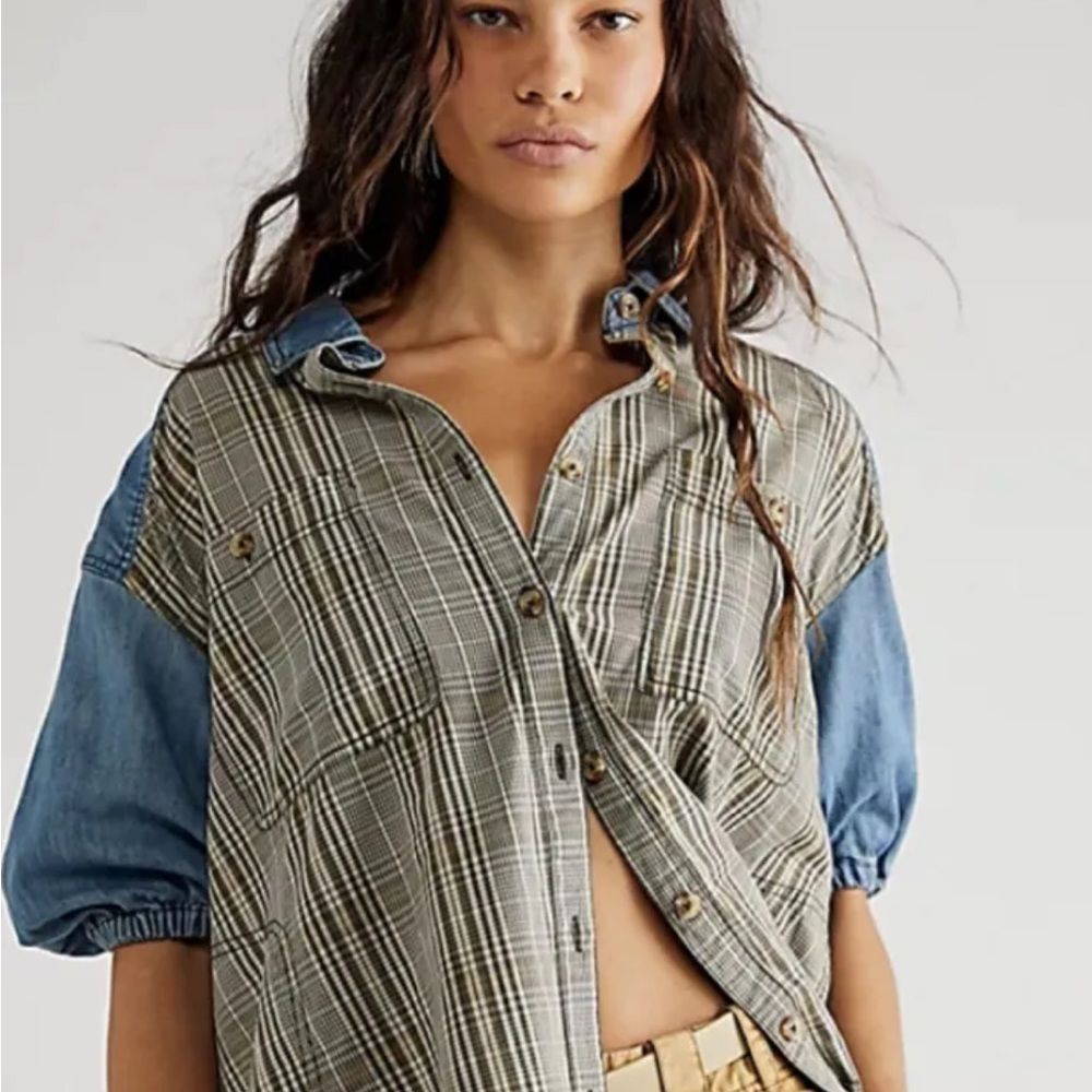 Free People Runaway Plaid And Denim Top Slouchy Button Up Seaming Black Gray